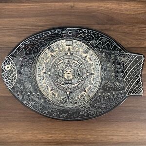 Mayan Aztec Mexican Style Fish Black White Wall Hanging Pottery Platter